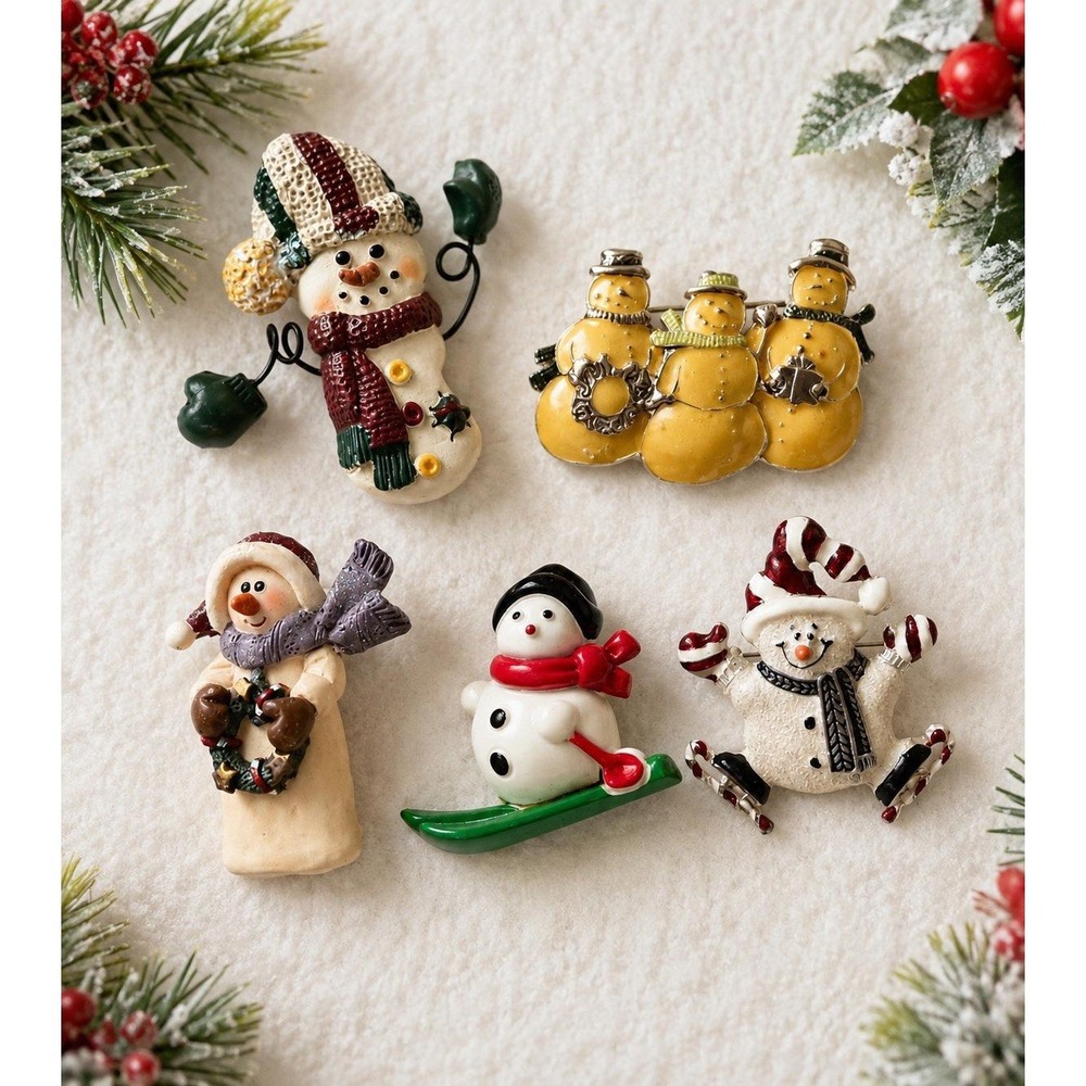 Lot of 5 Vintage Snowman Christmas Pins Brooches Holiday Winter Costume Jewelry